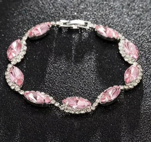 B213 Silver Rhinestone Light Pink Gemstone Bracelet
