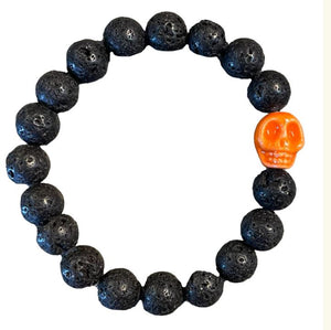 B872 Black Lava Stone Orange Skull Bead Bracelet