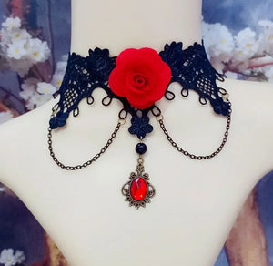 AZ624 Red Rose Lace Inlay Rhinestones Women's Choker with Free Earrings