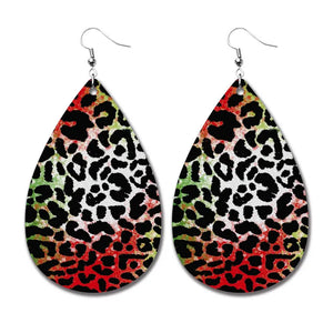 AZ400 Leather Water Drop Colorful Leopard Print Earrings