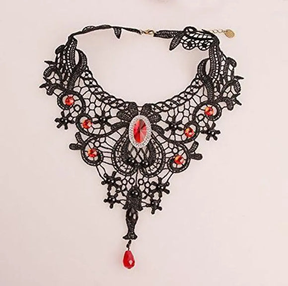 AZ844 Lace Red Rhinestone Women's Choker with Free Earrings