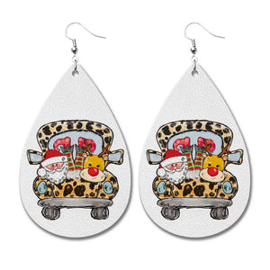 AZ261 Leather Santa & Rudolph Leopard Water Drop Earrings