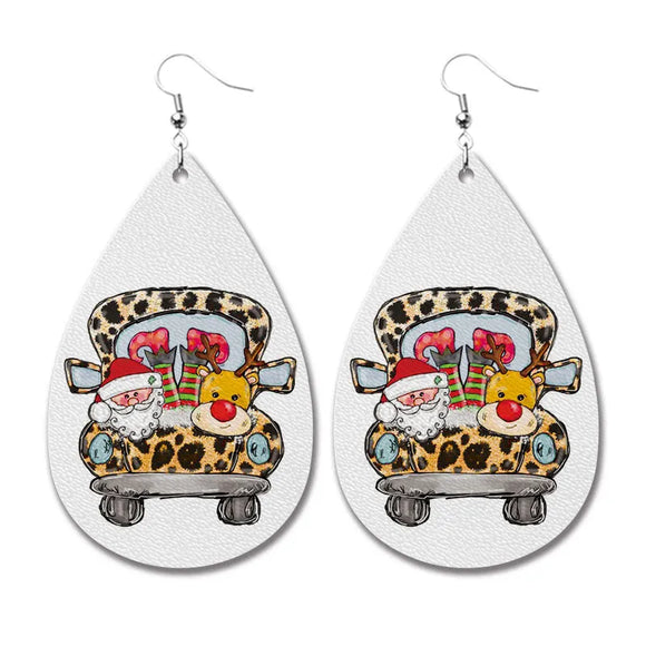 AZ261 Leather Santa & Rudolph Leopard Water Drop Earrings