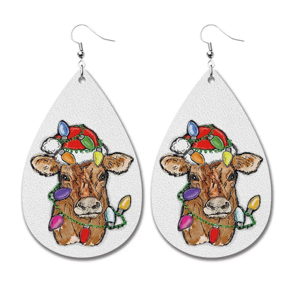 AZ980 Leather Christmas Cow Water Drop Earrings