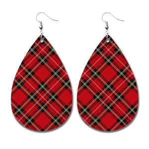 AZ24 Leather Water Drop Red Check Earrings