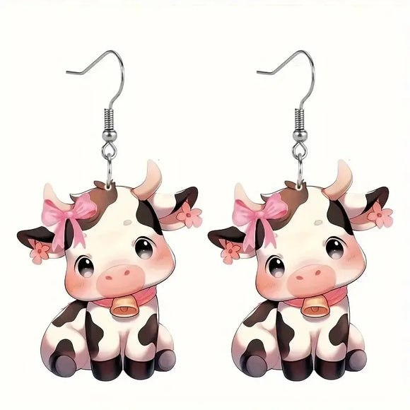 AZ806 Acrylic Cow With Pink Bow Earrings