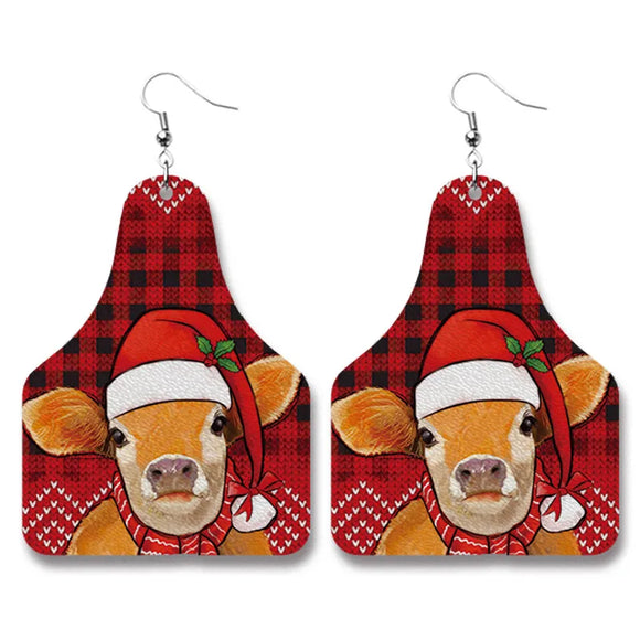 AZ794 Leather Santa Cow Christmas Earrings