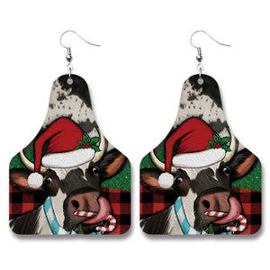 AZ977 Leather Santa Cow with Cane Christmas Earrings