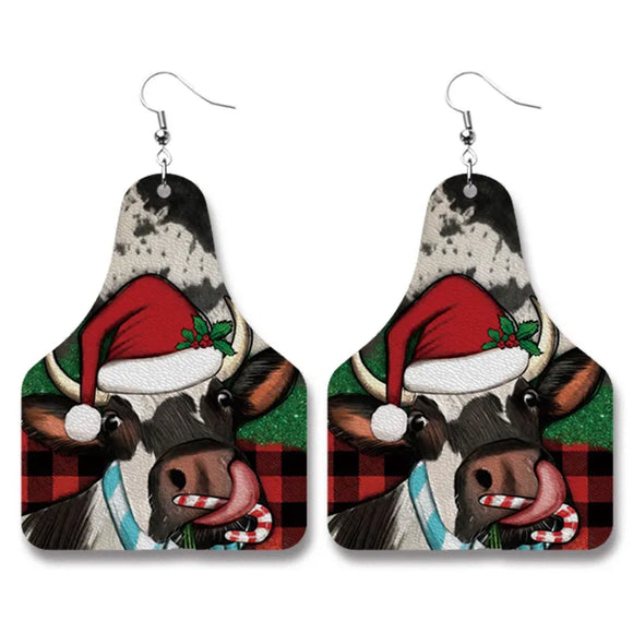 AZ977 Leather Santa Cow with Cane Christmas Earrings