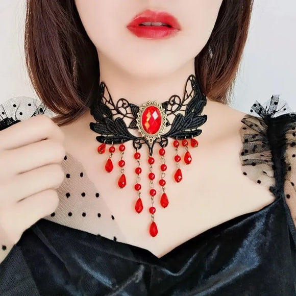 AZ919 Lace Red Waterfall Rhinestone Women's Choker with Free Earrings