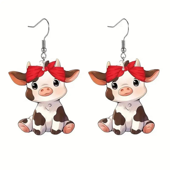 AZ819 Acrylic Cow With Red Headband Earrings