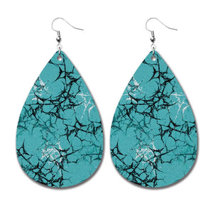 AZ413 Leather Water Drop Black - White - Turquoise Print Earrings