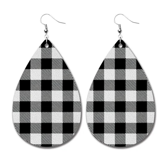 AZ243 Leather Water Drop Black Check Earrings