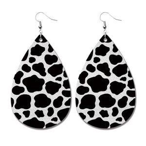 AZ538 Leather Water Drop Black Spotted Print Earrings