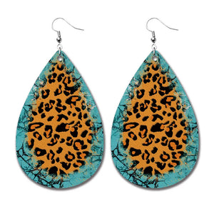 AZ218 Leather Teal & Brown Leopard Water Drop Earrings