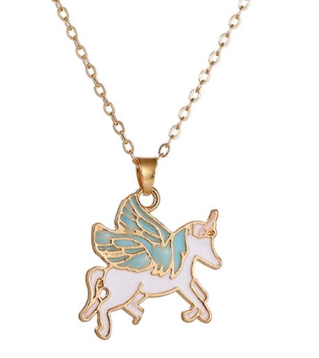 L122 Gold Blue Wing Unicorn Necklace FREE EARRINGS