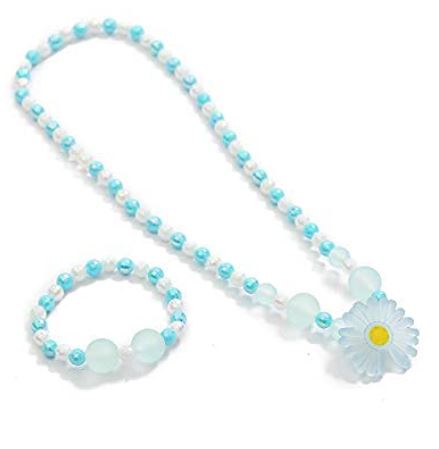L402 Blue & White Bead Daisy Necklace & Bracelet Set