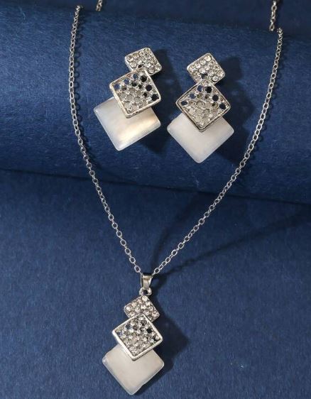 N1279 Silver Triple Squares Moonstone & Rhinestones Necklace with FREE EARRINGS