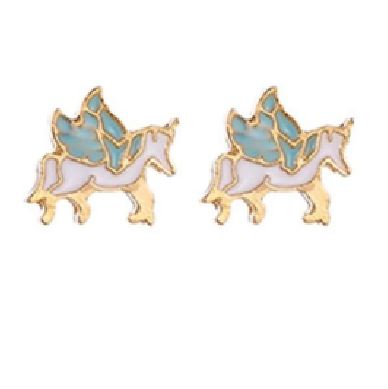 L123 Gold Blue Wing Unicorn Earrings