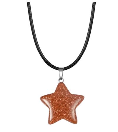 N1351 Copper Glitter Star Natural Quartz Stone on Leather Cord Necklace with FREE Earrings