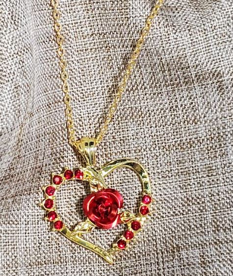 N863 Gold Rose Red Rhinestone Heart Necklace with FREE Earrings