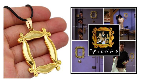 AZ664 Gold Frame Friends on Leather Cord Necklace with FREE EARRINGS
