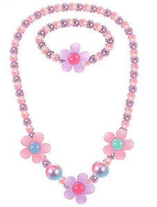 L309 Iridescent Pink & Lavender Bead Flower Necklace & Bracelet Set