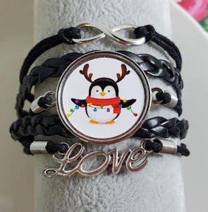 AZ1411 Black Christmas Penguin Layer Leather Bracelet