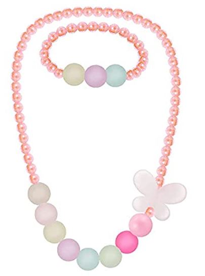 L395 Iridescent Pink Frosted Butterfly Bead Necklace & Bracelet Set