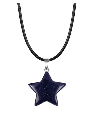 N1460 Black Glitter Star Natural Quartz Stone on Leather Cord Necklace with FREE Earrings