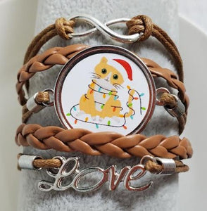 AZ1379 Brown Christmas Kitty Cat Layer Leather Bracelet