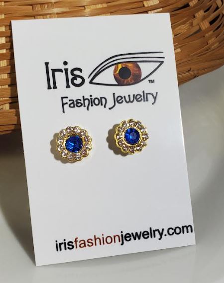 E09 Gold Blue Gemstone Rhinestone Earrings