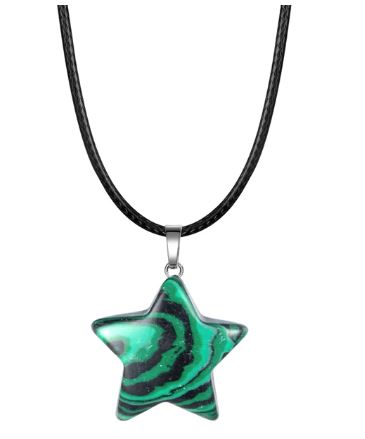N1473 Black & Green Star Natural Quartz Stone on Leather Cord Necklace with FREE Earrings