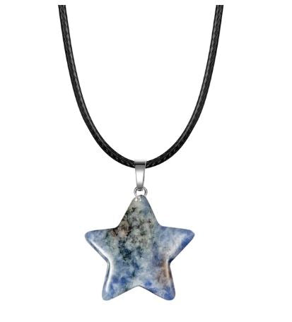 N311 Blue & Beige Star Natural Quartz Stone on Leather Cord Necklace with FREE Earrings