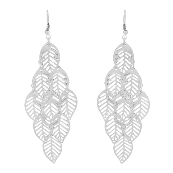 E418 Silver Color Hanging Leaves Earrings