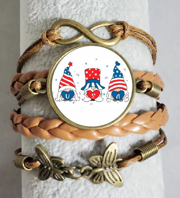 AZ1423 Brown Patriotic Gnome USA Leather Layered Bracelet