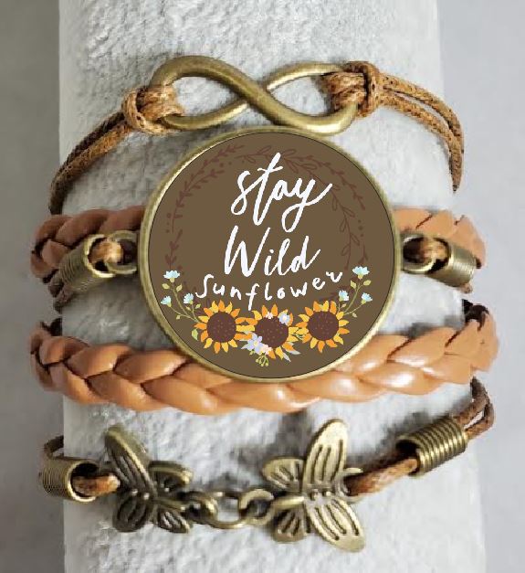 AZ1435 Brown Stay Wild Sunflower Leather Layered Bracelet