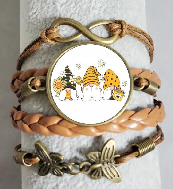 AZ150 Brown Sunflower & Bees Gnome Leather Layered Bracelet