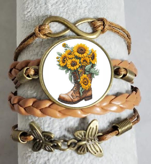 AZ1425 Brown Sunflower Boot Leather Layered Bracelet