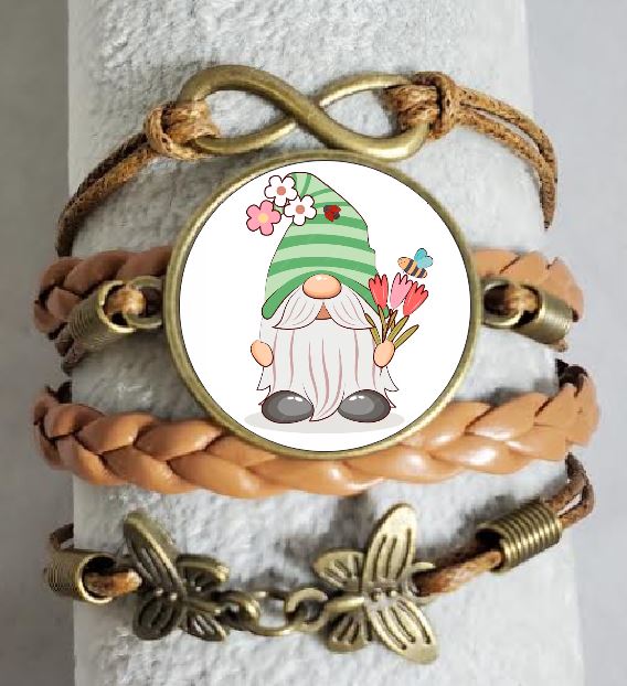 AZ1437 Brown Floral Gnome Leather Layered Bracelet