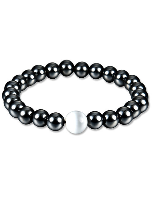 *B74 Black Hematite Magnetic White Bead Bracelet - Iris Fashion Jewelry