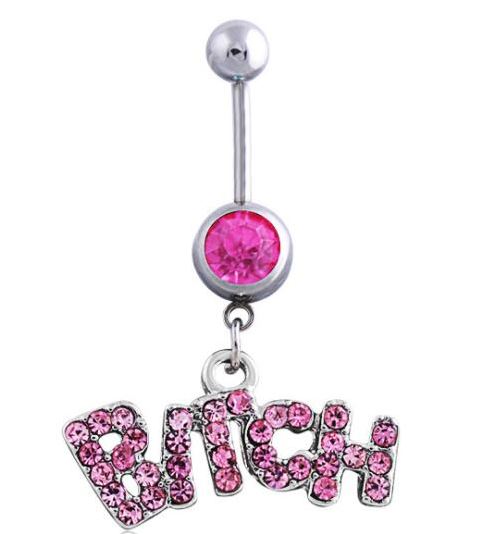 P91 Silver & Pink Gem Bitch Belly Button Ring - Iris Fashion Jewelry