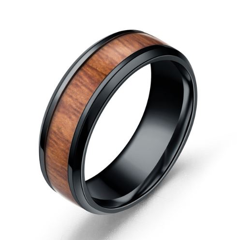R109 Black Rim Woodgrain Design Titanium & Stainless Steel Ring - Iris Fashion Jewelry