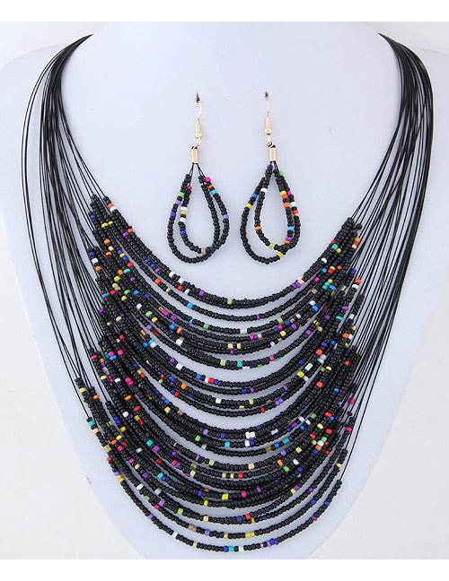 N1150 Black & Multi Color Seed Bead Necklace with FREE Earrings - Iris Fashion Jewelry