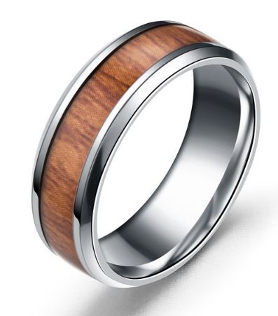 R433 Silver Rim Woodgrain Design Titanium & Stainless Steel Ring - Iris Fashion Jewelry
