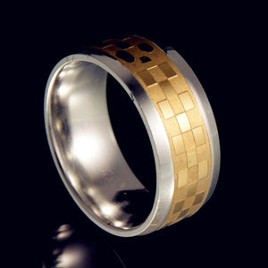 R396 Silver & Gold Check Titanium & Stainless Steel Ring - Iris Fashion Jewelry