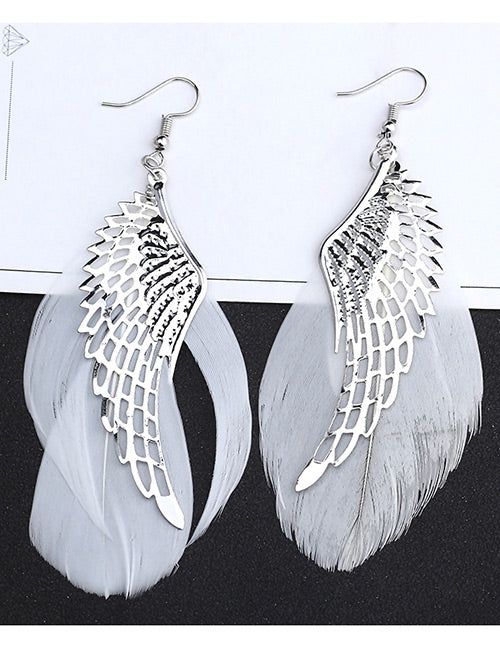 *E06 Large Silver Wing with White Feather Earrings - Iris Fashion Jewelry