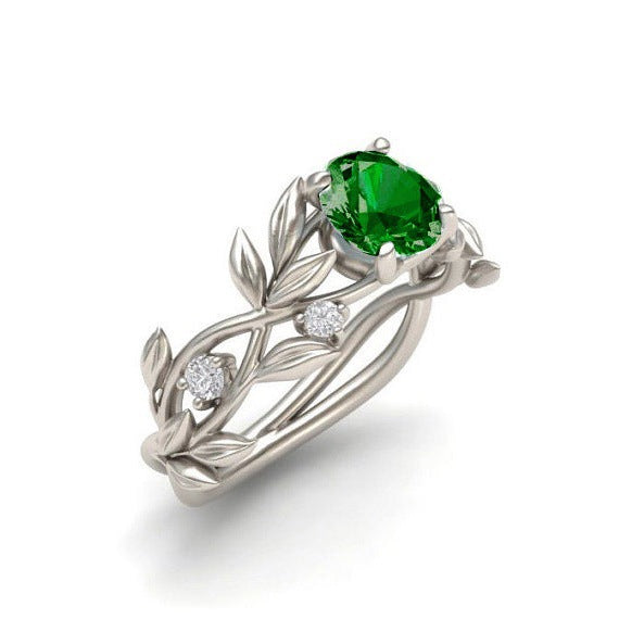 R351 Silver Vine & Leaf Green Gem Ring - Iris Fashion Jewelry