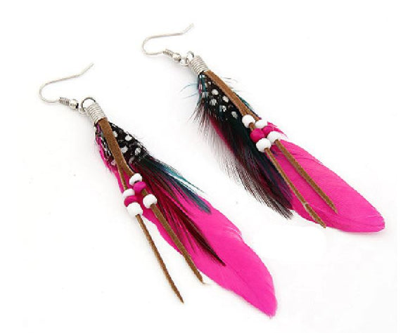 E843 Pink Feather Tassel Bead Earrings - Iris Fashion Jewelry