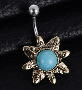 P72 Silver Flower Turquoise Gem Belly Button Ring - Iris Fashion Jewelry